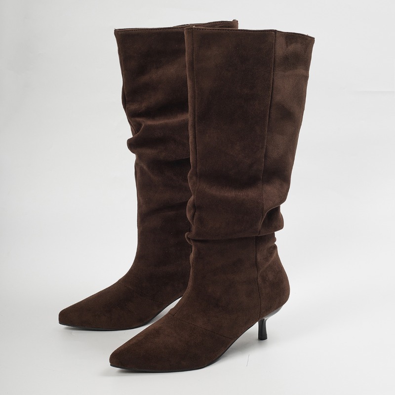 Knee High Boots Women - รองเท้าบูทสูงถึงเข่าสำหรับผู้หญิง ทรงหลวม ทำจากหนังกลับเทียม ปลายแหลม ส้นเข็ม ยืดหยุ่น