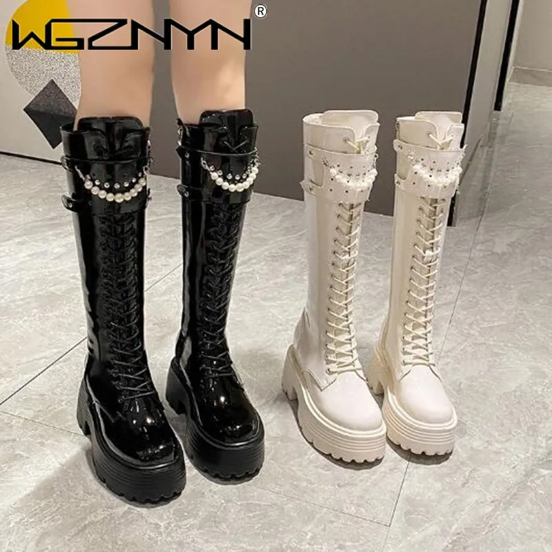 Knee High Boots Women - หนังฤดูหนาว WARM Plush รองเท้าผู้หญิงเพิร์ลเข่ารองเท้าบูทสูง Casual Chunky