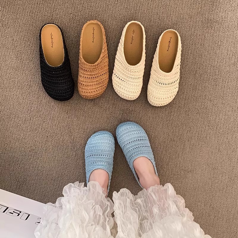 Mule Slip On - รองเท้าแตะสานราฟเฟียสำหรับผู้หญิง รองเท้าสวมแบบสวมเปิดส้น ระบายอากาศได้ดี เหมาะสำหรับฤดูร้อน รองเท้าลำลองแบบสวม พื้นเรียบ