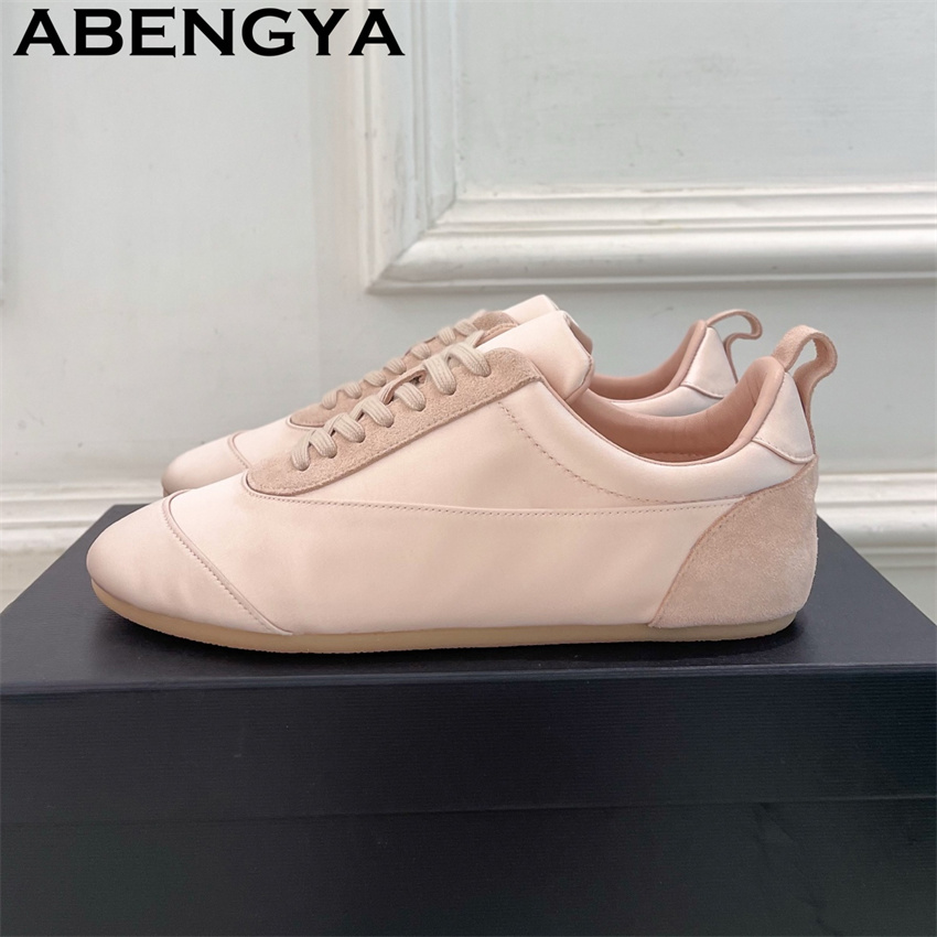 Oxford Lace Up Women - สีชมพูซาตินรอบนิ้วเท้าแบบผูกเชือกรองเท้าลำลองผู้หญิงฤดูใบไม้ผลิฤดูร้อนรองเท้าวิ่งสบายรองเท้าอ็อกซ์ฟอร์ดรองเท้าผ้าใบรองเท้ามูเยอร์