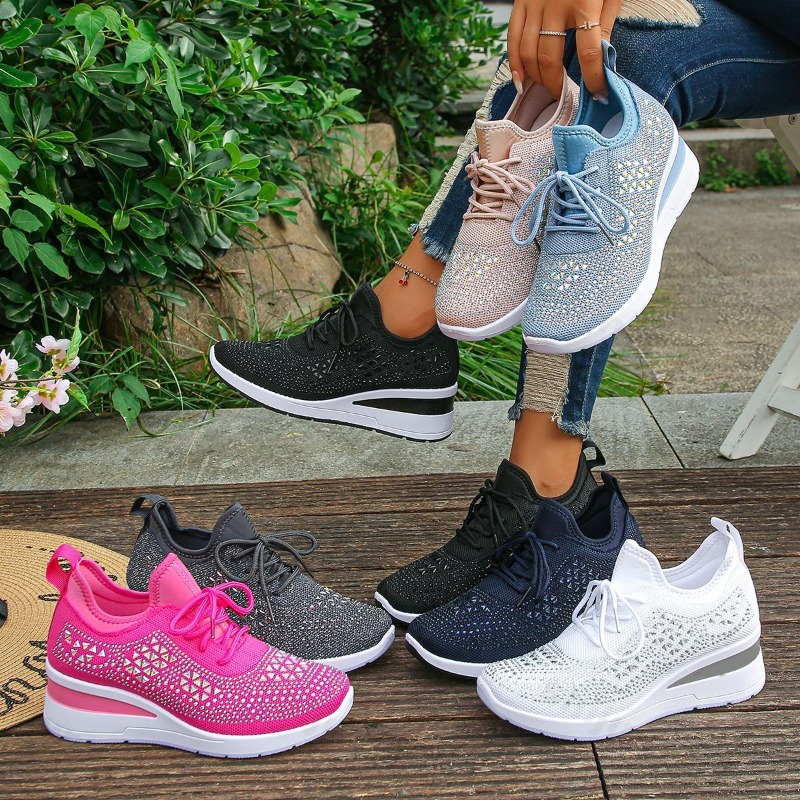 Women Shoes Tennis - รองเท้าผ้าใบผู้หญิง 2026 แบบตาข่าย ระบายอากาศได้ดี ประดับเพชร รองเท้ากีฬาแบบส้นเตารีด