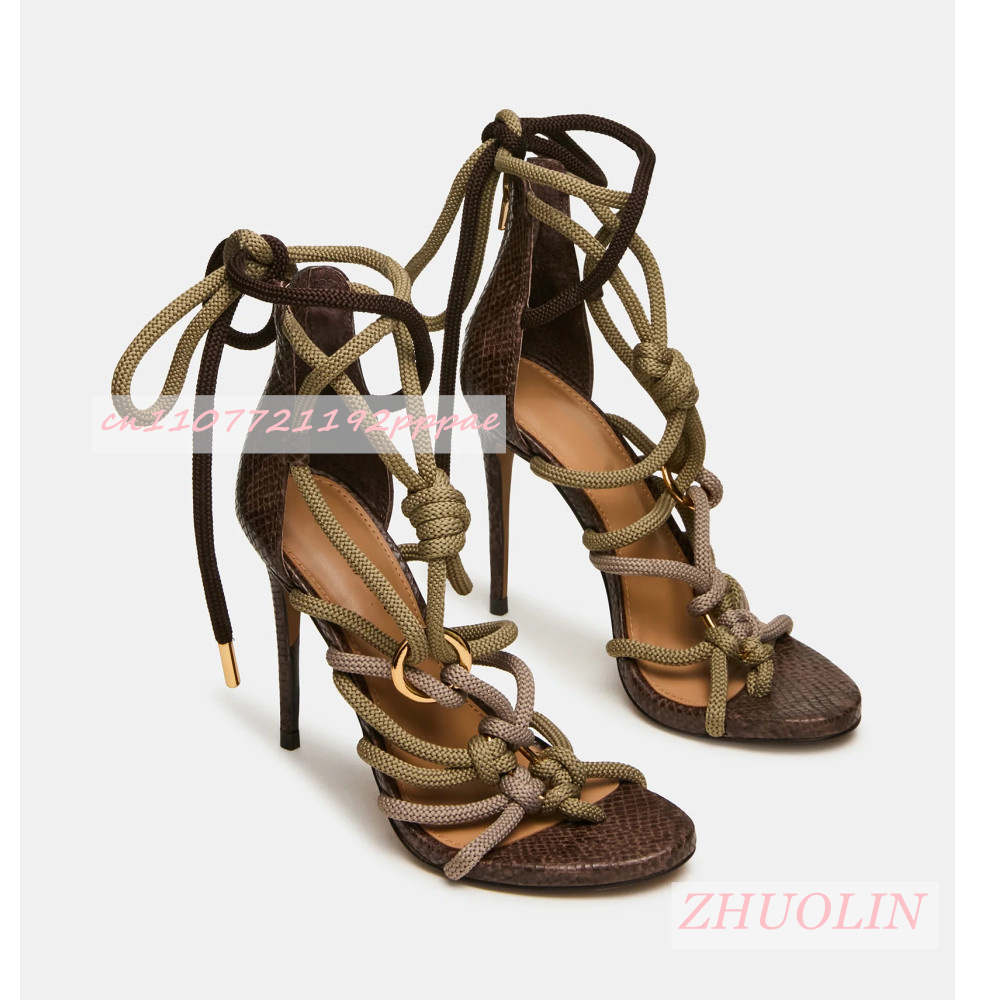 Women'S Shoes Quality - รองเท้าส้นสูงแบบสานไขว้ลายหนังงูสไตล์เรโทร สายรัดหนา ปลายเปิด หัวมน รองเท้าส้นเข็มสำหรับผู้หญิง รองเท้าแตะเซ็กซี่สำหรับงานปาร์ตี้ฤดูร้อน