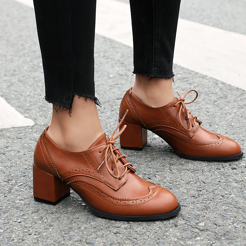 PLUS ขนาด 36-48 สีน้ําตาลสีดํา - Oxford Lace Up Women บทวิจารณ์และราคา
