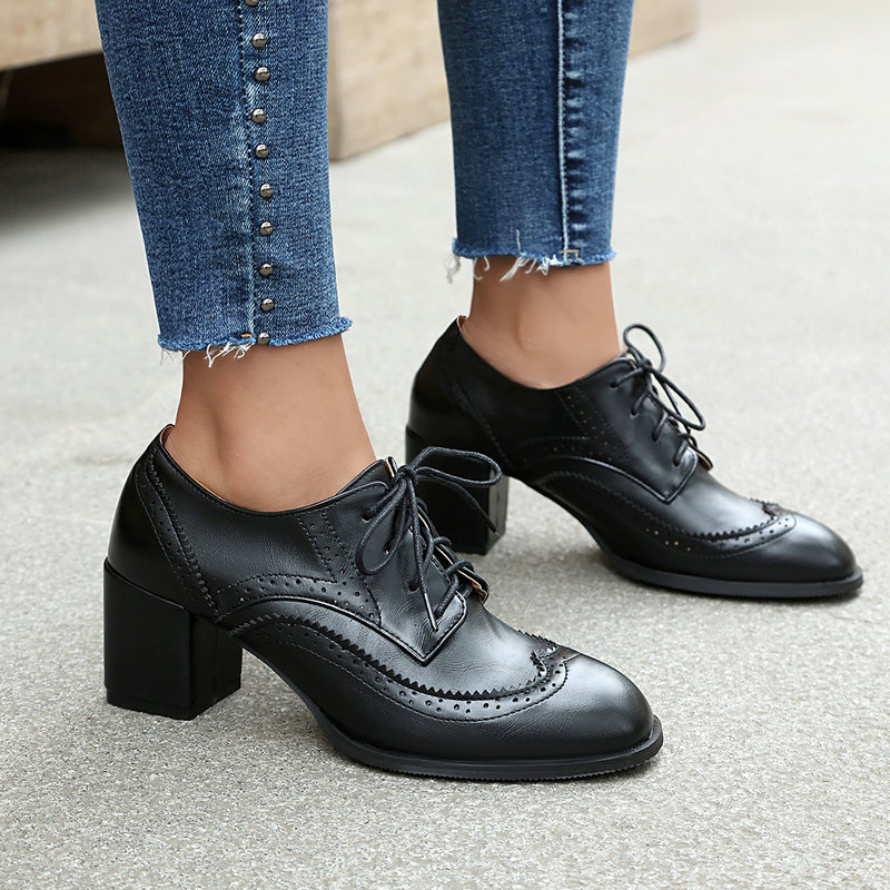 PLUS ขนาด 36-48 สีน้ําตาลสีดํา - Oxford Lace Up Women บทวิจารณ์และราคา