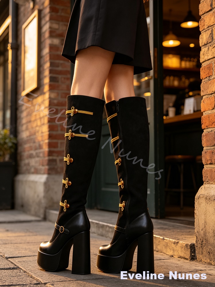 รองเท้าบูทสูงถึงเข่าสไตล์เรโทร - Court Heel Pointed บทวิจารณ์และราคา